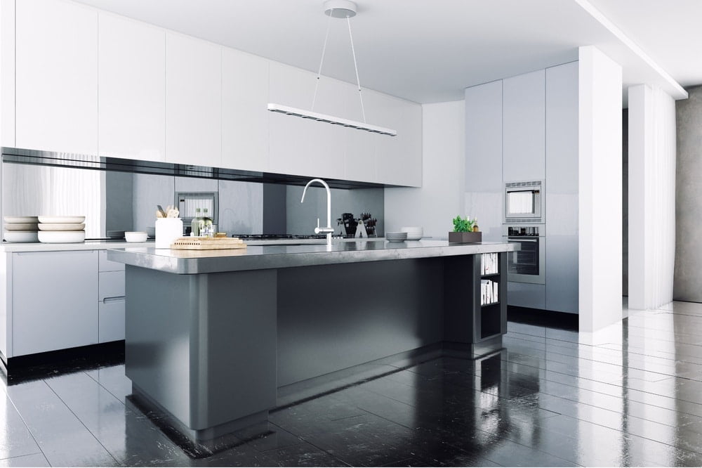 grey kitchen island in a modern kitchen
